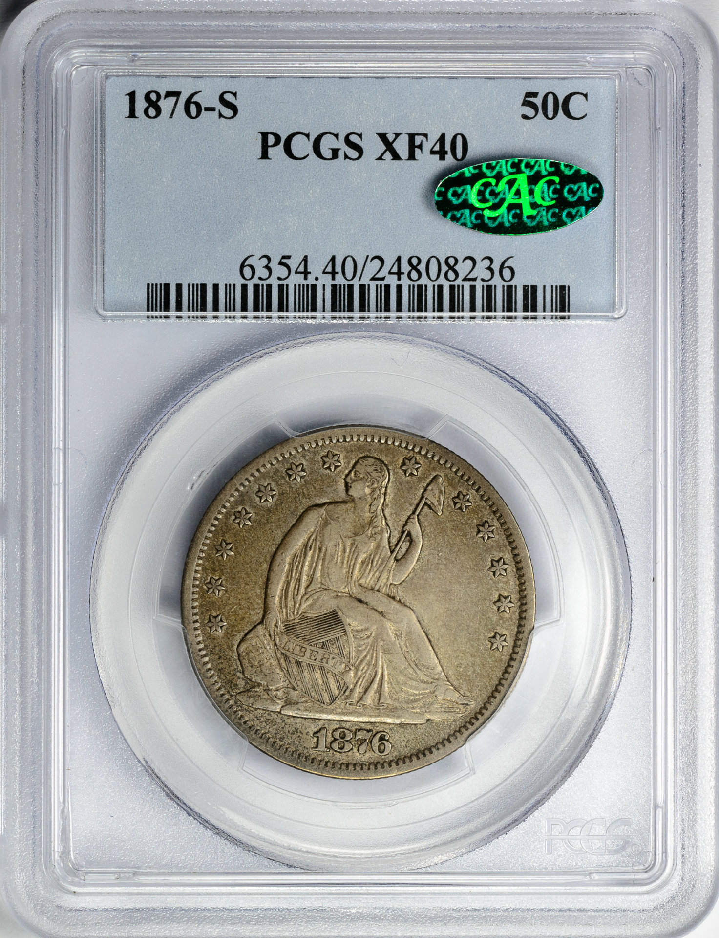 1876 S 50C HALF DOLLAR - SEATED LIBERTY, MOTTO PCGS XF40 24808236 CAC Obv Slab.jpg