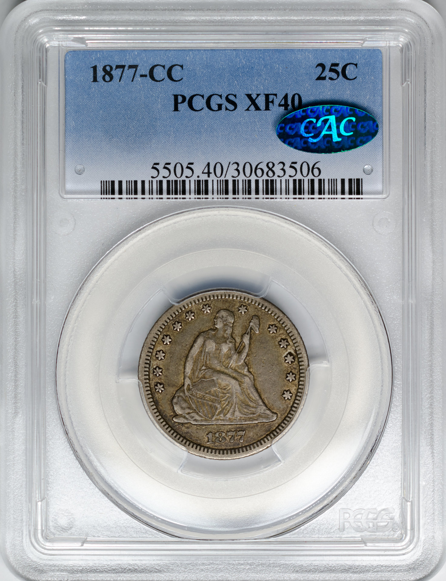 1877 CC 25C QUARTER DOLLAR - SEATED LIBERTY, MOTTO PCGS XF40 30683506 CAC Obv Slab.jpg