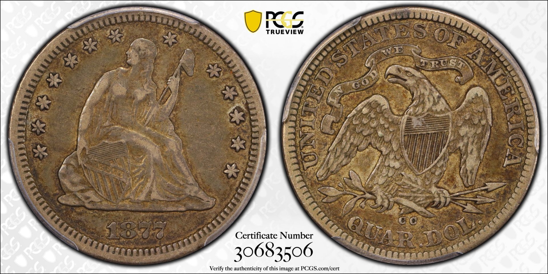 1877 CC 25C Quarter Dollar - Seated Liberty, Motto PCGS XF40 30683506 CAC TrueView Full.jpg
