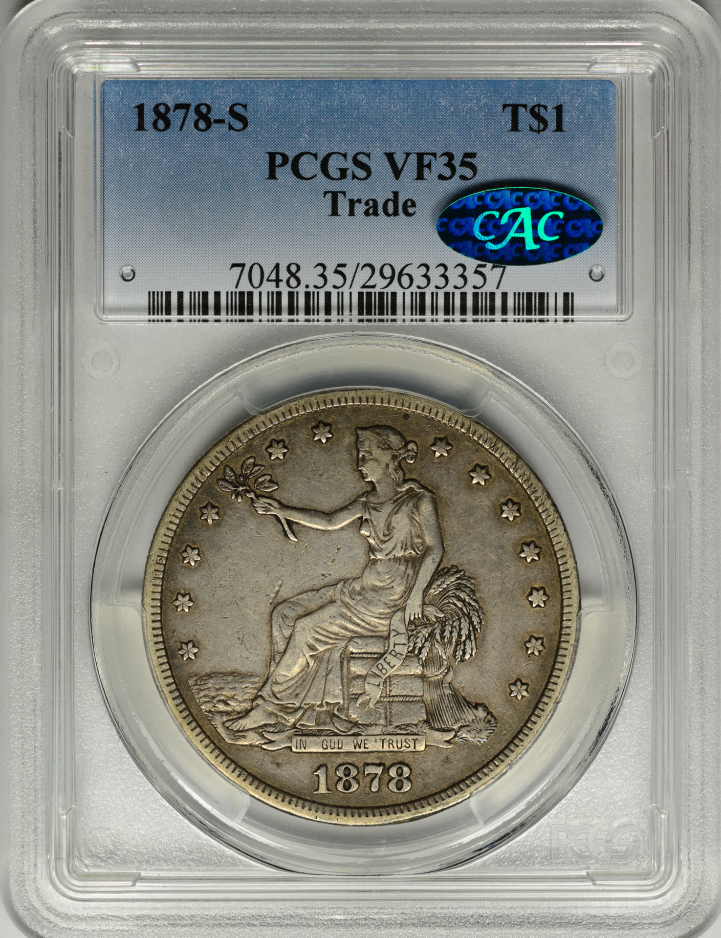 1878 S $1 TRADE DOLLAR PCGS VF35 29633357 CAC Obv Slab.jpg