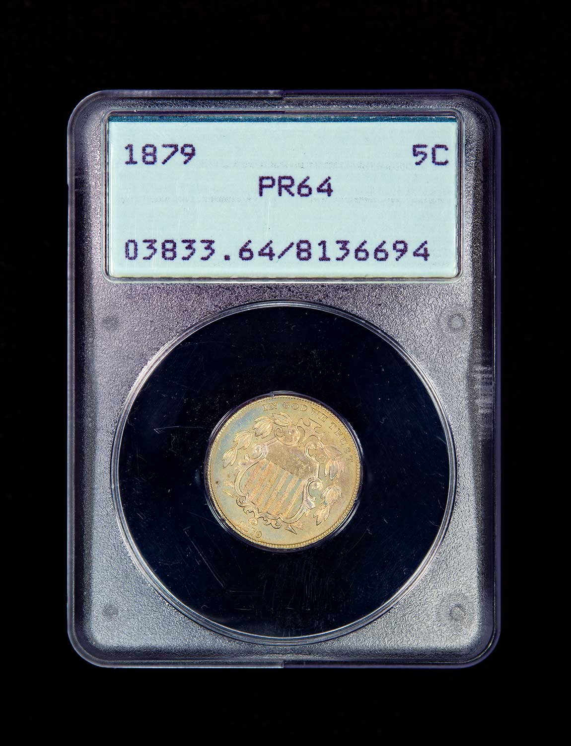 1879-Proof-Shield-Nickel-PCGS-PR-64-Rattler-Slab-Front.jpg