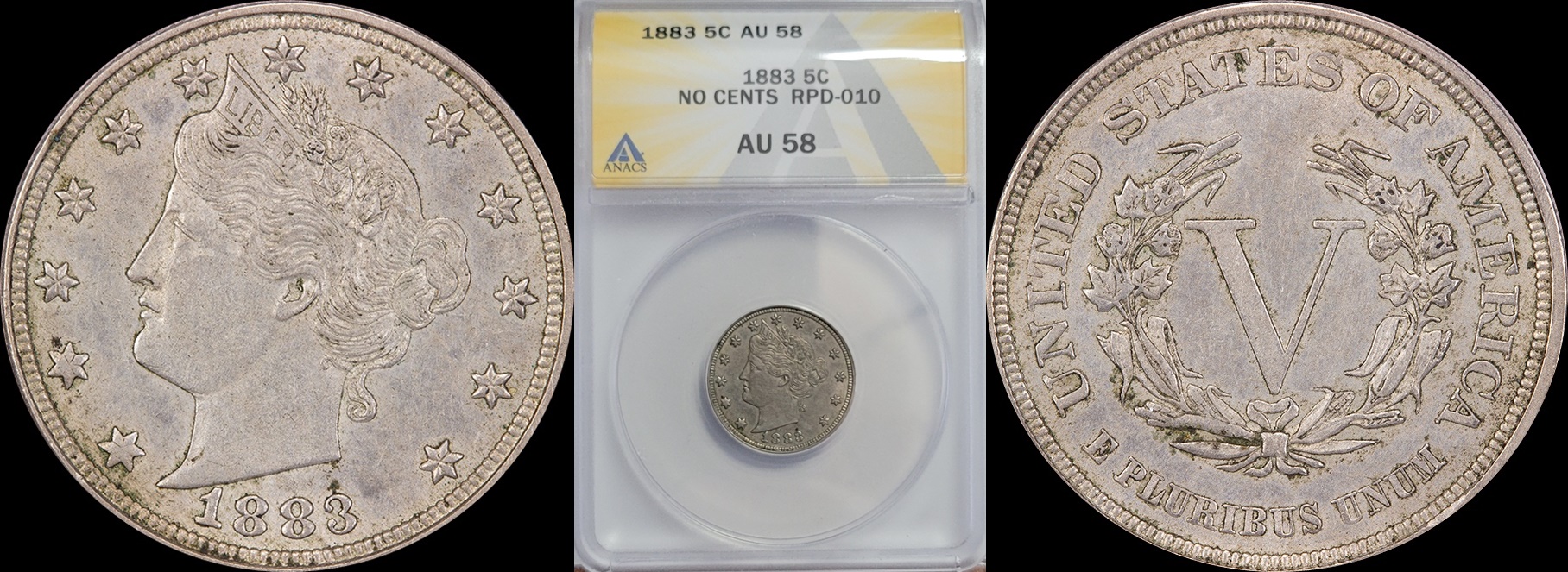 1883 Liberty Nickel AU No Cents, Repunched date 010, ANACS.jpg