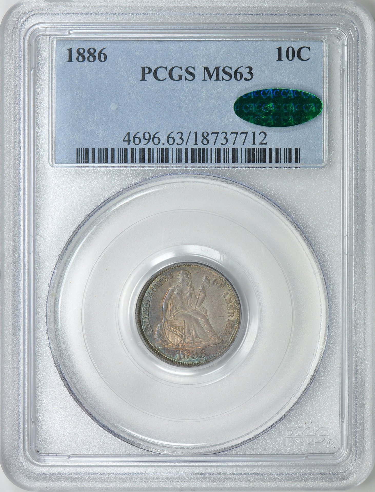 1886 10C DIME - SEATED LIBERTY, LEGEND OBVERSE PCGS MS63 18737712 CAC Obv Slab GC.jpg