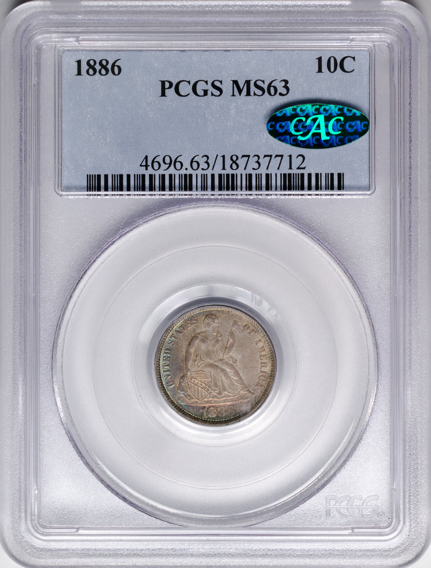 1886 10C DIME - SEATED LIBERTY, LEGEND OBVERSE PCGS MS63 18737712 CAC Obv Slab.jpg