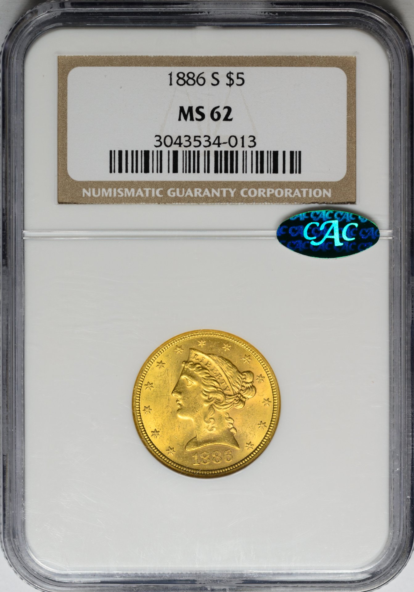 1886 S G$5 HALF EAGLE - CORONET, MOTTO NGC MS62 3043534-013 CAC Obv Slab.jpg