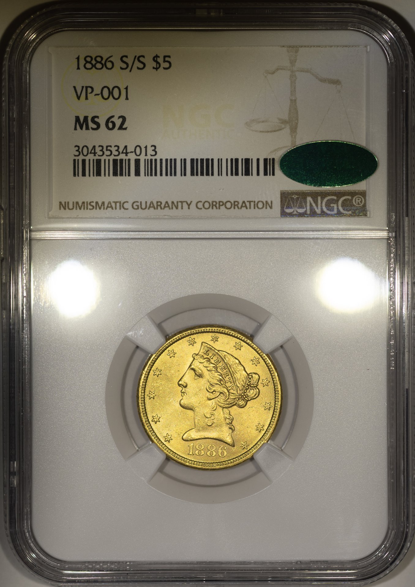 1886-S-S Half Eagle Coronet, Motto VP-001 NGC 3043534-013 MS62 CAC Obv Slab New Macro.jpg