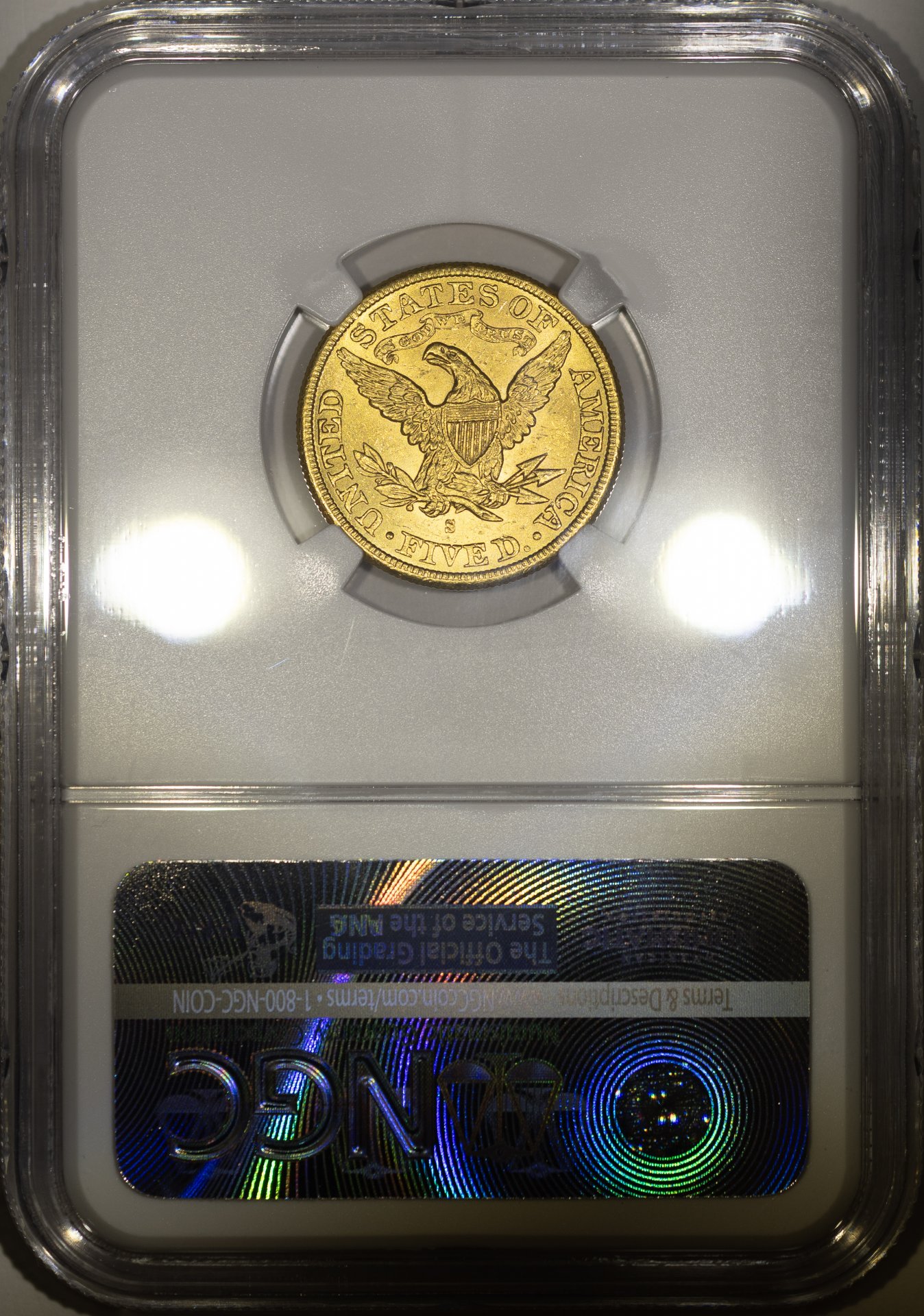 1886-S-S Half Eagle Coronet, Motto VP-001 NGC MS62 CAC Rev Slab New Macro.jpg
