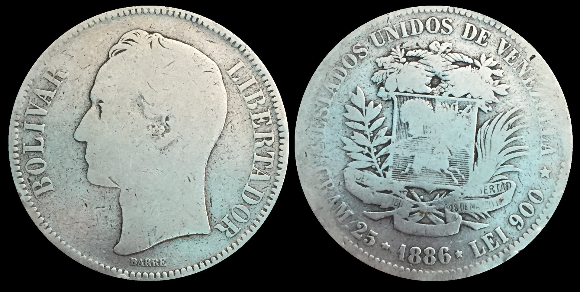 1886 Venezuela 5 Bolivars.jpg