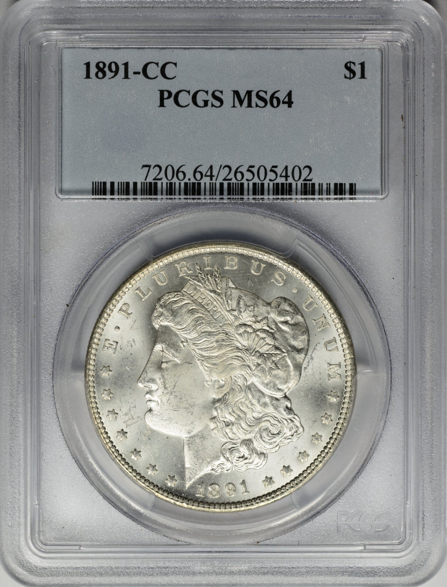 1891 CC $1 MS64 PCGS 26505402 Obv Slab.JPG