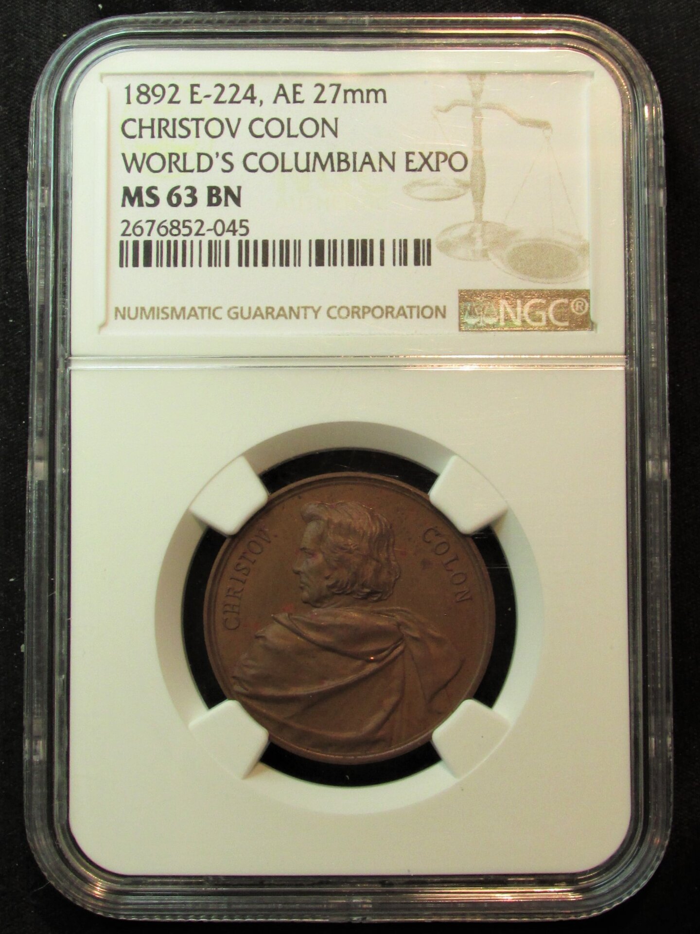 1892 World's Colombian Exposition - Christov Colon Medal (Eglit-224) - obverse slab.JPG