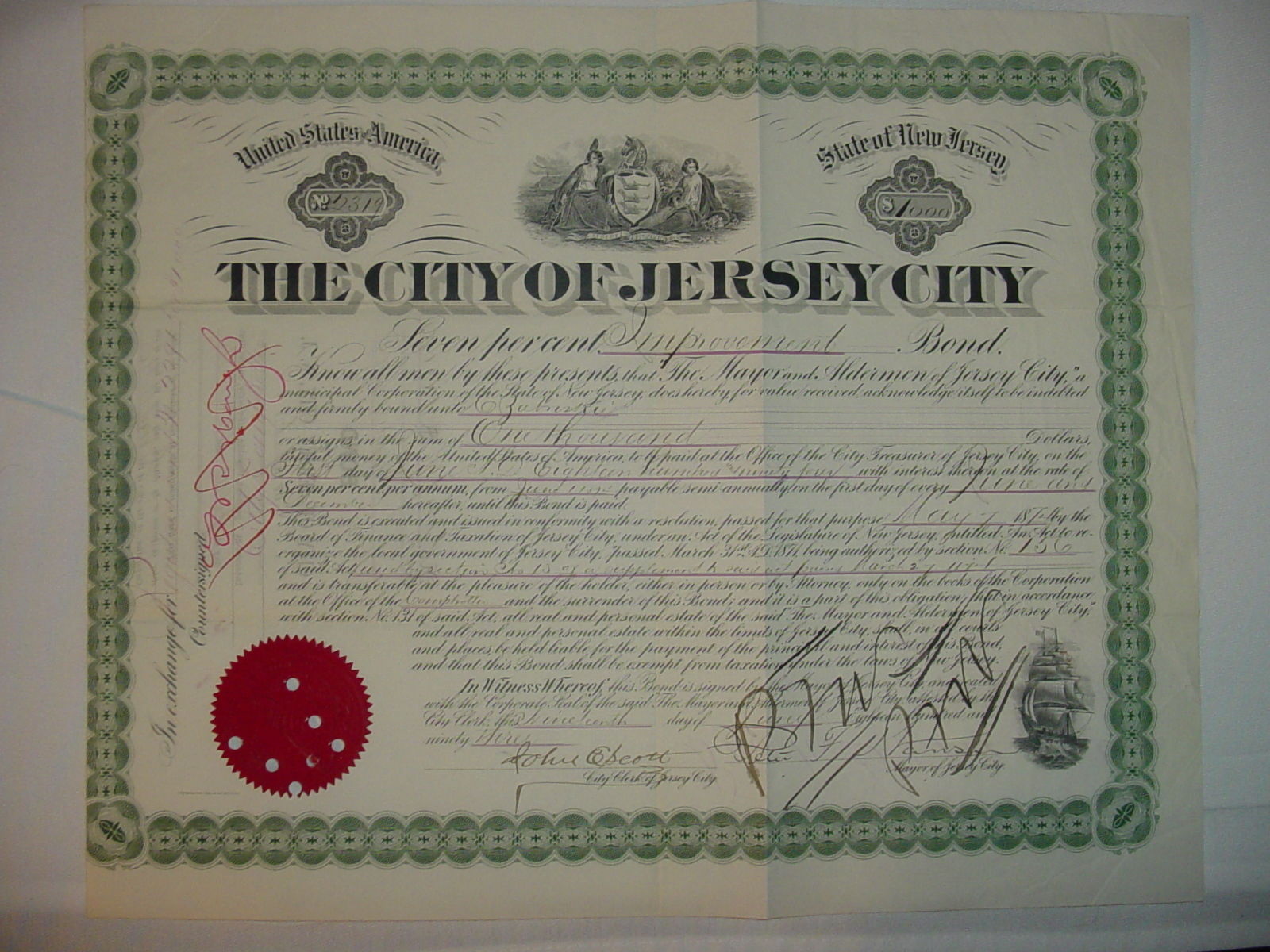 1893 jersey city, nj stock certificate hand signed by mayor at the time.JPG