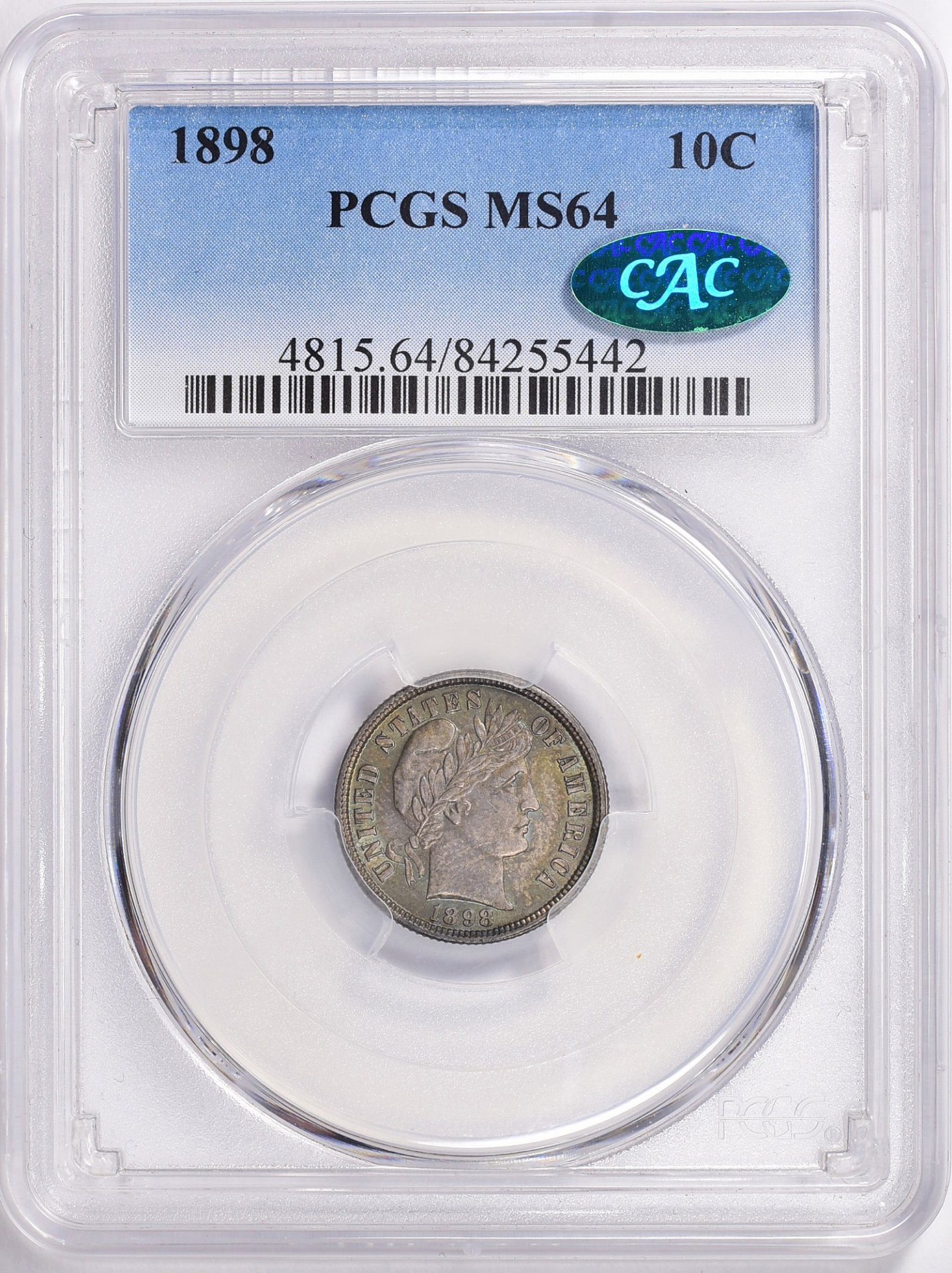 1898 10C DIMES - BARBER LIBERTY HEAD PCGS MS64 84255442 CAC GC Obv Slab.jpg