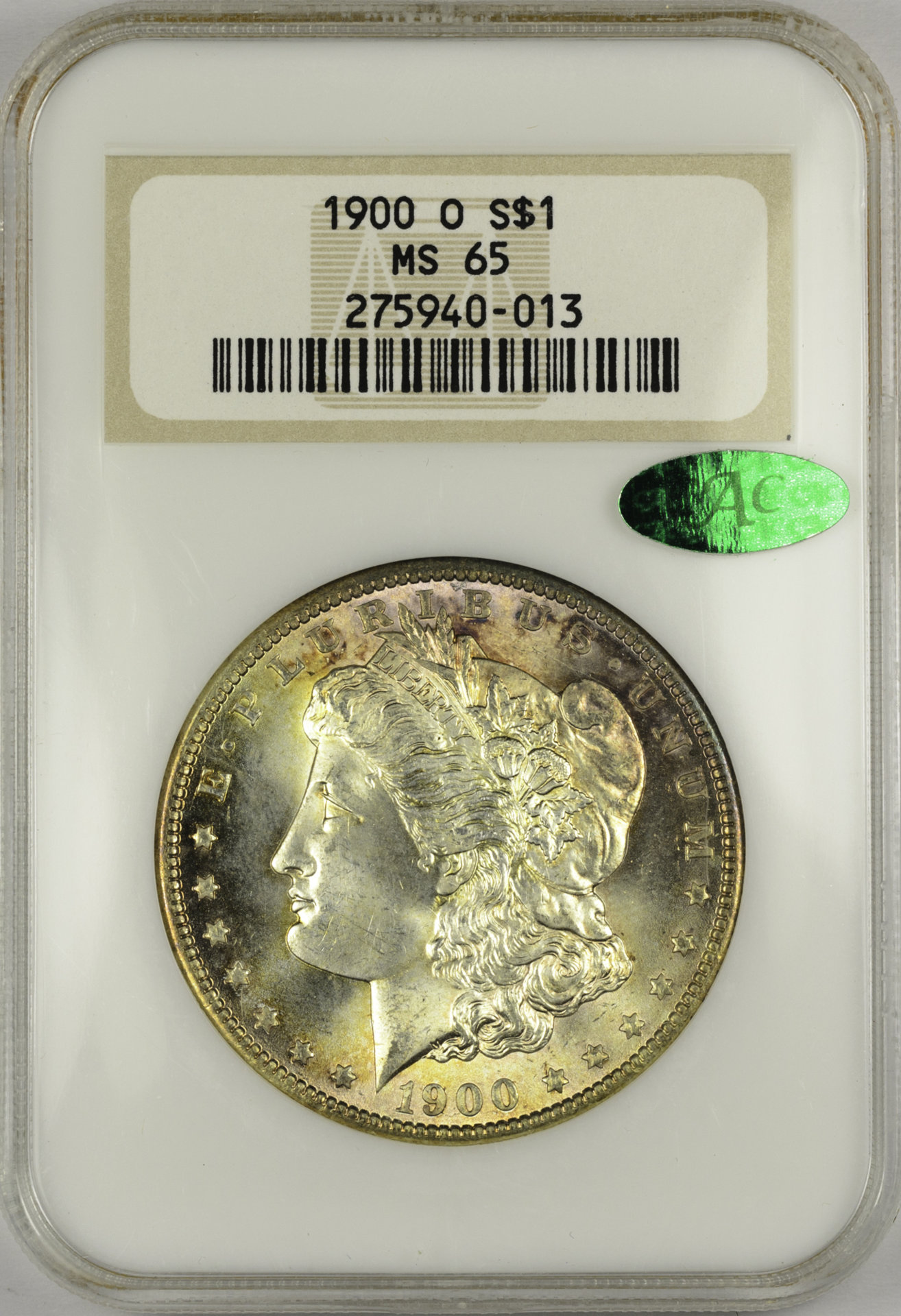 1900 O $1 MS 65 NGC 275940-013 CAC Obv Slab.jpg