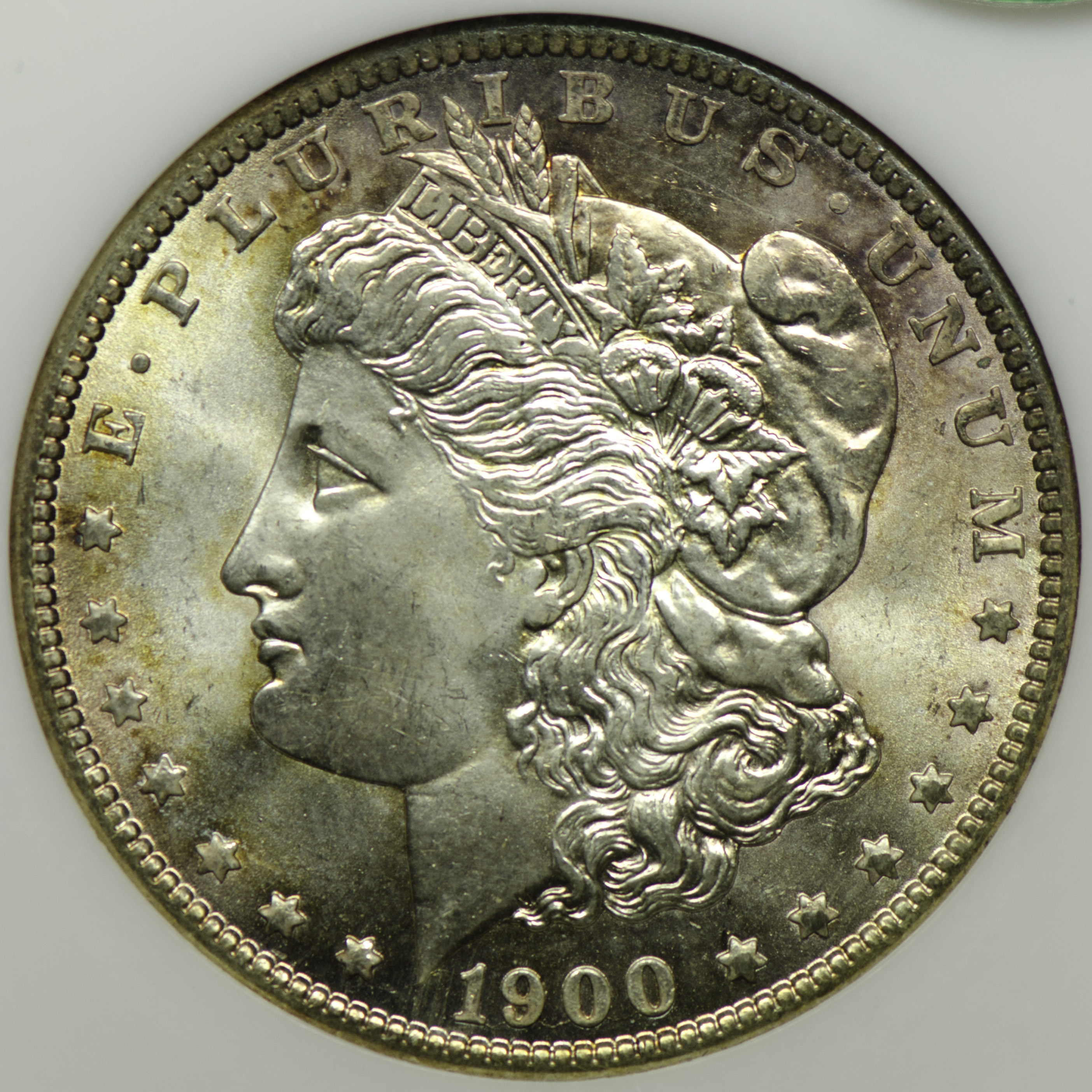 1900 O SILVER DOLLAR - MORGAN LIBERTY HEAD NGC MS 65, CAC green Obv closeup 105mm-645.jpg