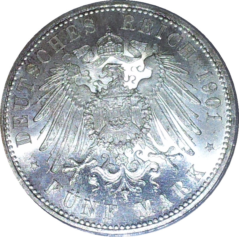 1901 German States Prussia Five Marks MS64 Rev.JPG