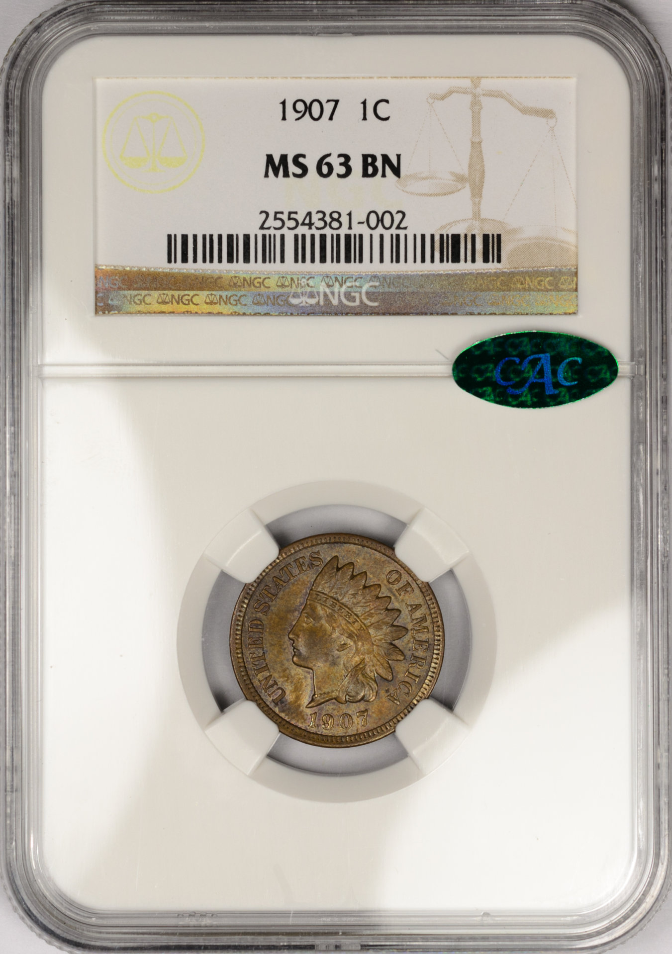 1907 1C CENT - INDIAN HEAD, BRONZE NGC MS63BROWN 2554381-002 CAC Obv Slab.jpg