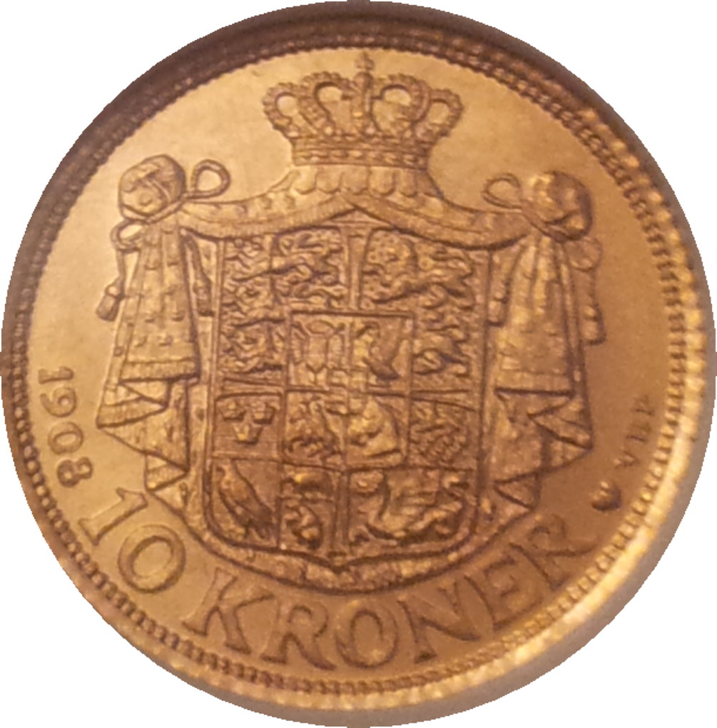 1908 Denmark 10 Kroner MS64 Rev.JPG
