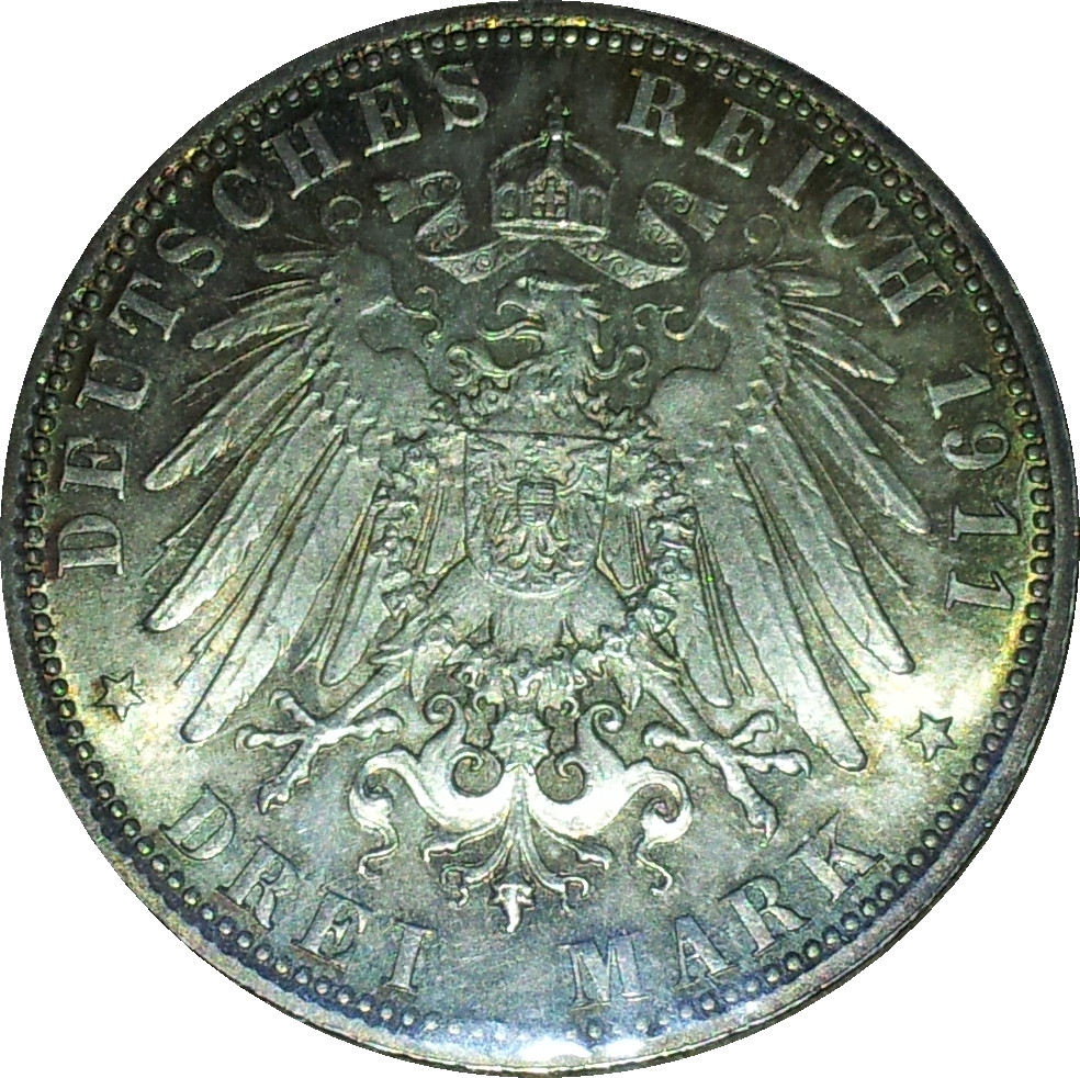 1911 D German States Bavaria Three Mark Rev.JPG