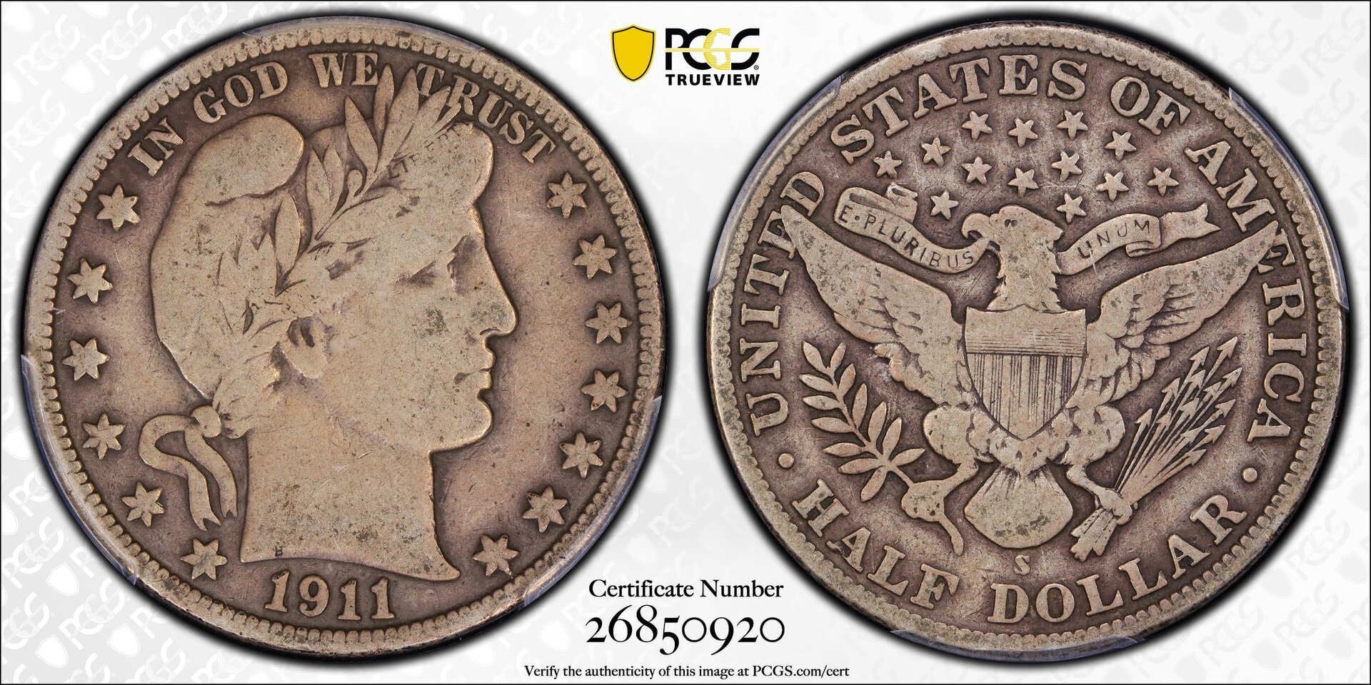 1911 S 50C Half Dollar - Barber Liberty Head PCGS F12 26850920 CAC TrueView Full.jpg