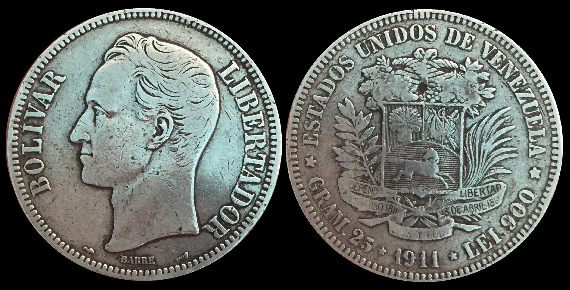 1911 Venezuela 5 Bolivars.jpg