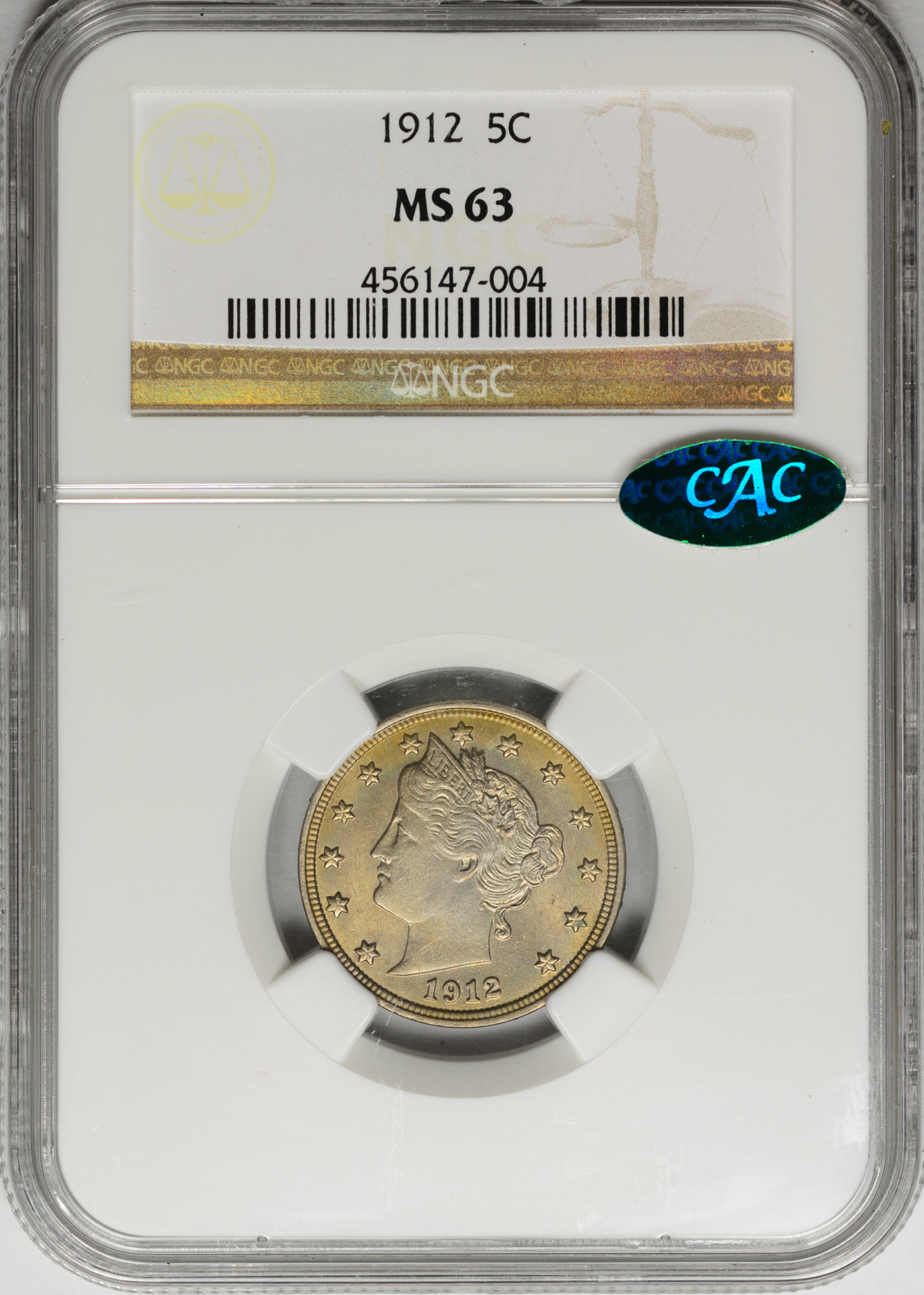 1912 5C FIVE-CENT PIECE - LIBERTY HEAD, CENTS NGC MS63 456147-004 CAC Obv Slab v2.jpg