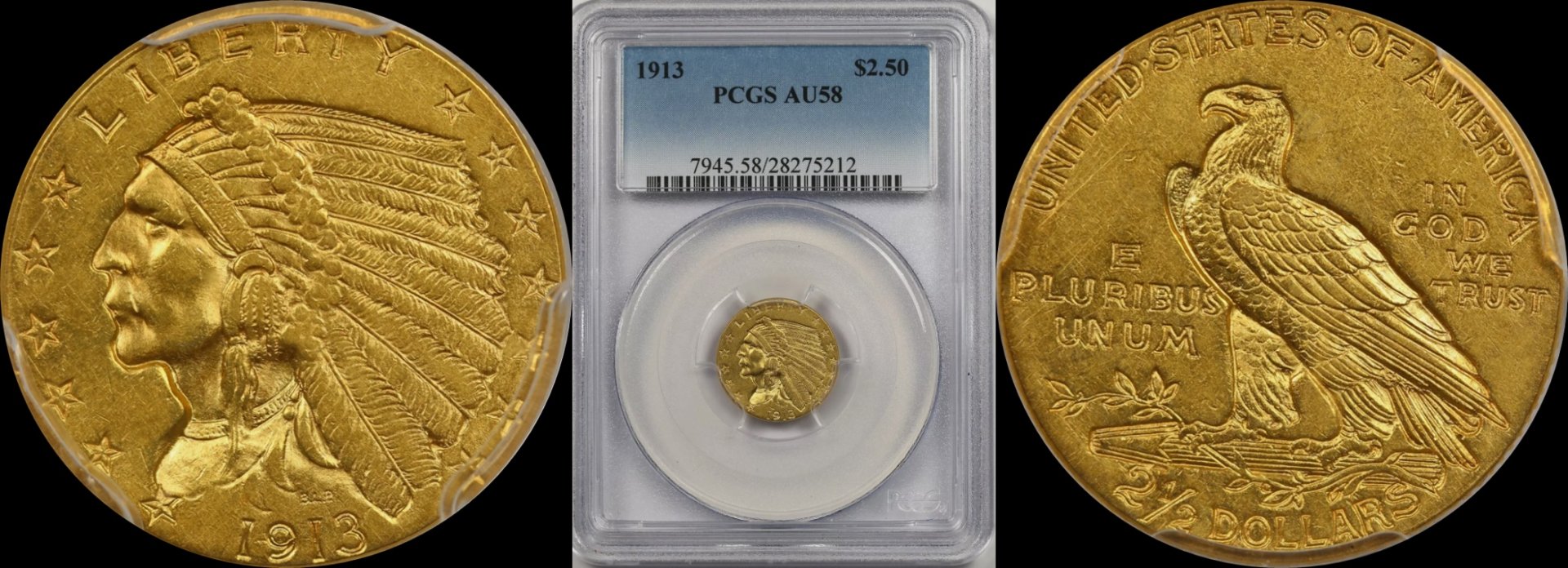 1913 PCGS AU 58 Indian Head Gold Quarter Eagle 1-horz.jpg