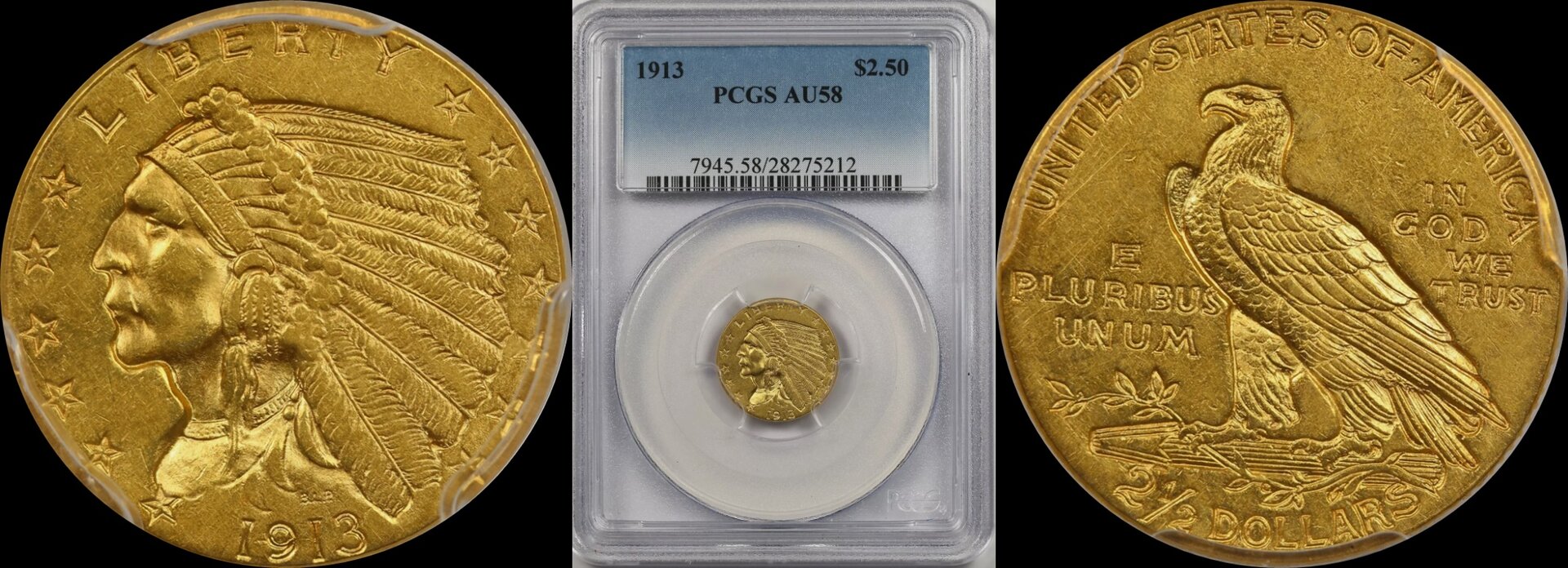 1913 PCGS AU 58 Indian Head Gold Quarter Eagle 1-horz.jpg