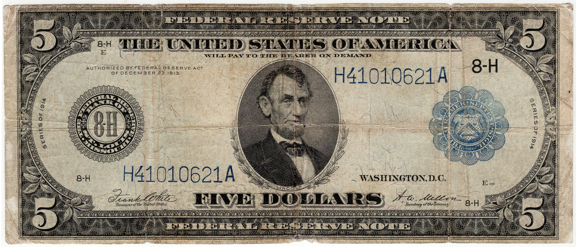 1914 5 Dollar Large Size FRN H41010621A - Obverse.JPG