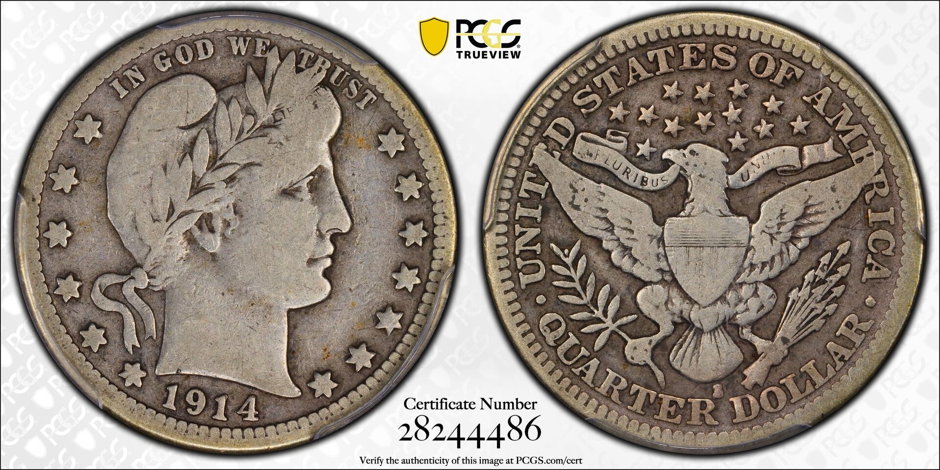 1914 S 25C Quarter Dollar - Barber Liberty Head PCGS VG10 28244486 CAC TrueView Full.jpg
