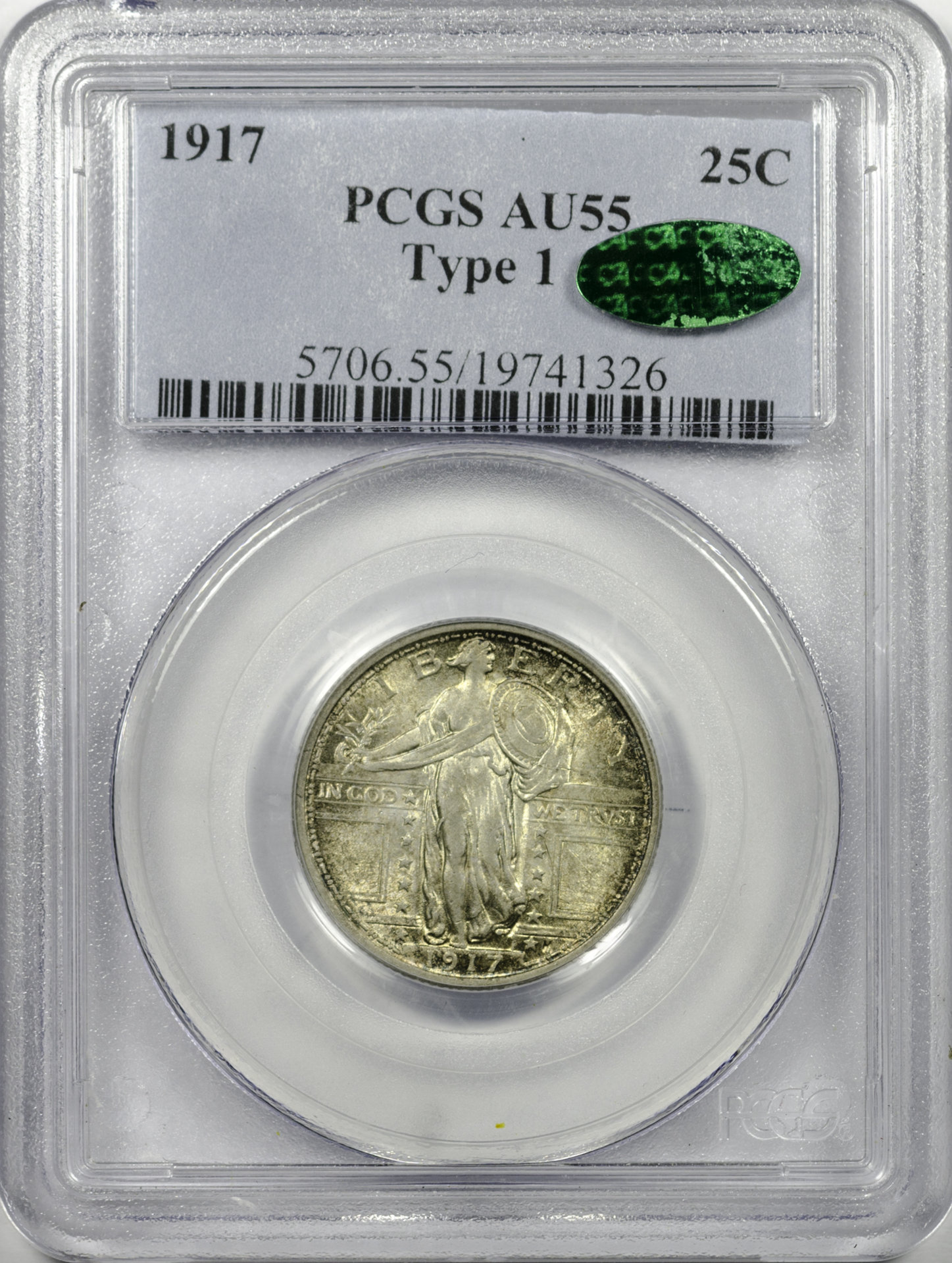 1917 25C QUARTER DOLLAR - STANDING LIBERTY, TYPE 1 PCGS AU55 19741326 CAC Obv Slab.JPG