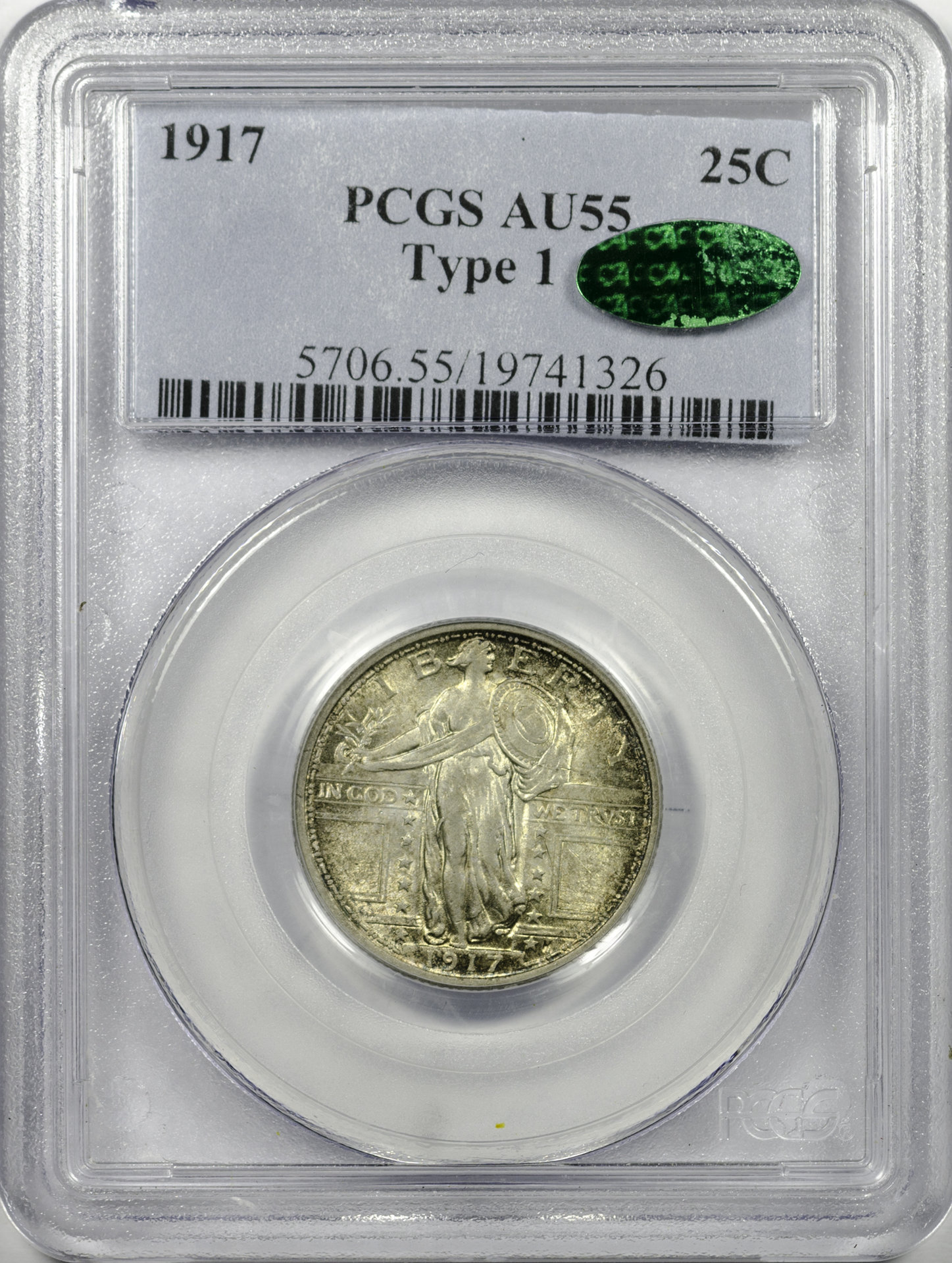 1917 25C QUARTER DOLLAR - STANDING LIBERTY, TYPE 1 PCGS AU55 19741326 CAC Obv Slab.JPG