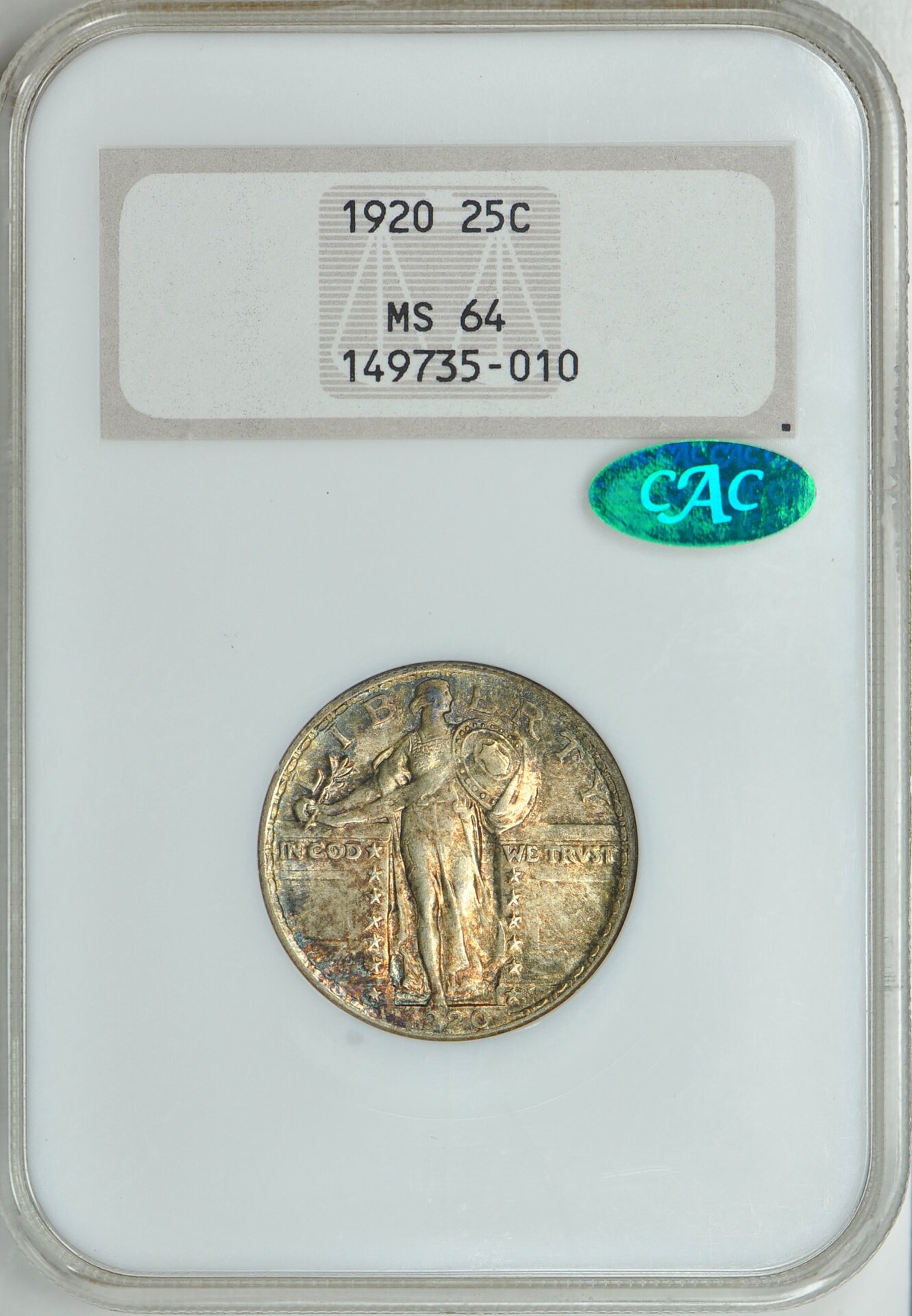1920 25C QUARTER DOLLAR - STANDING LIBERTY, TYPE 2 NGC MS64 149735-010 CAC Obv Slab GC.jpg