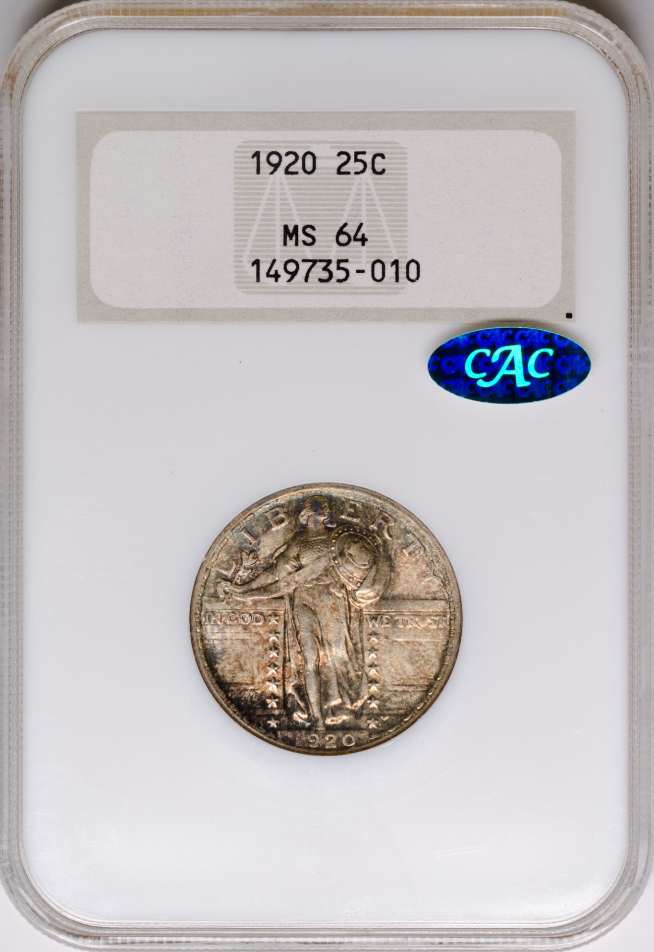 1920 25C QUARTER DOLLAR - STANDING LIBERTY, TYPE 2A NGC MS64 149735-010 CAC Obv Slab.jpg