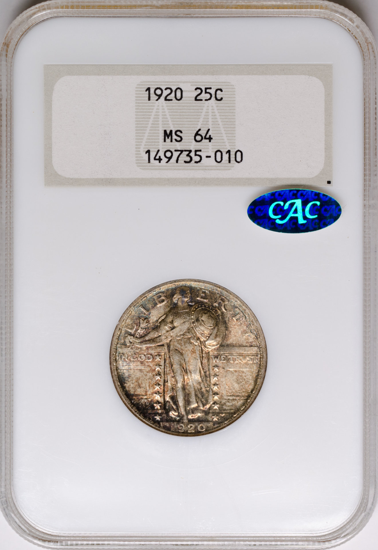 1920 25C QUARTER DOLLAR - STANDING LIBERTY, TYPE 2A NGC MS64 149735-010 CAC Obv Slab.jpg