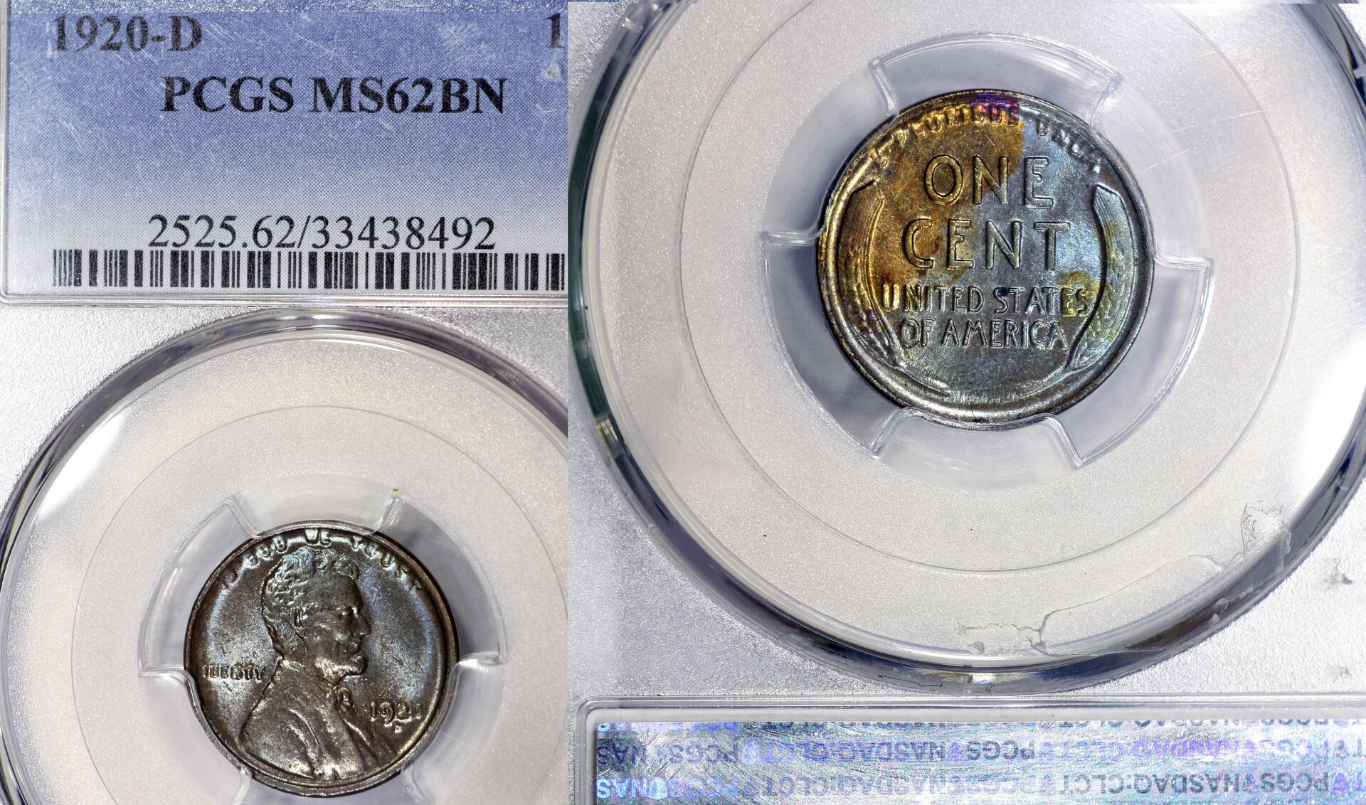 1920-D Ms-62 Lincoln Wheat Cent PCGS Graded Bn, Colorful Deep Toned.jpg