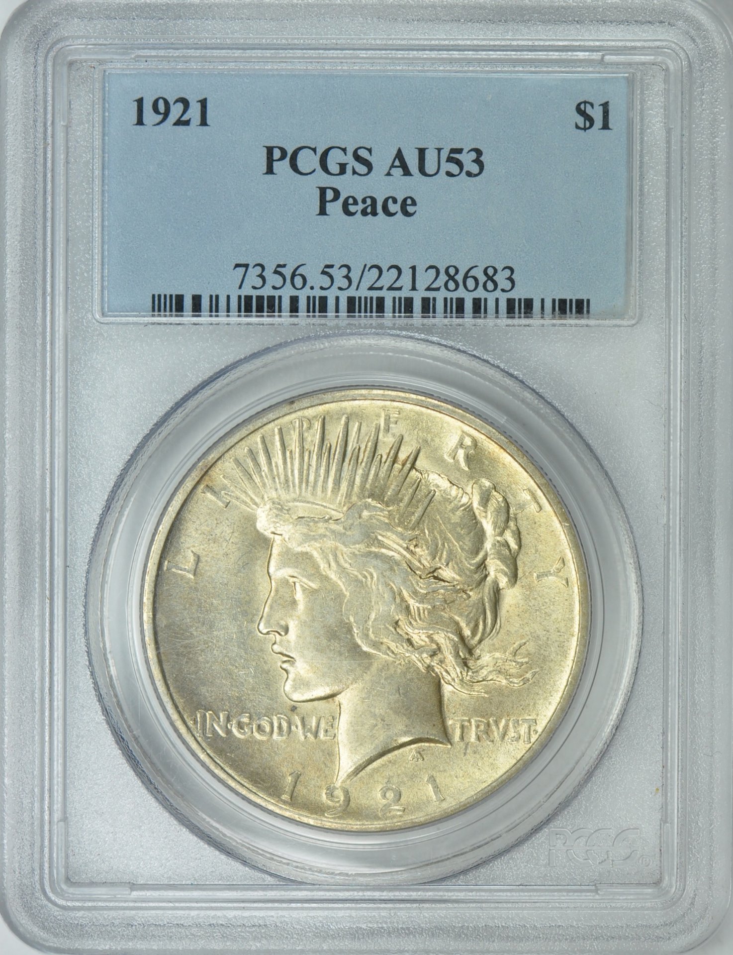 1921 $1 Peace High Relief PCGS 22128683 AU53 Obv Slab GC.jpg