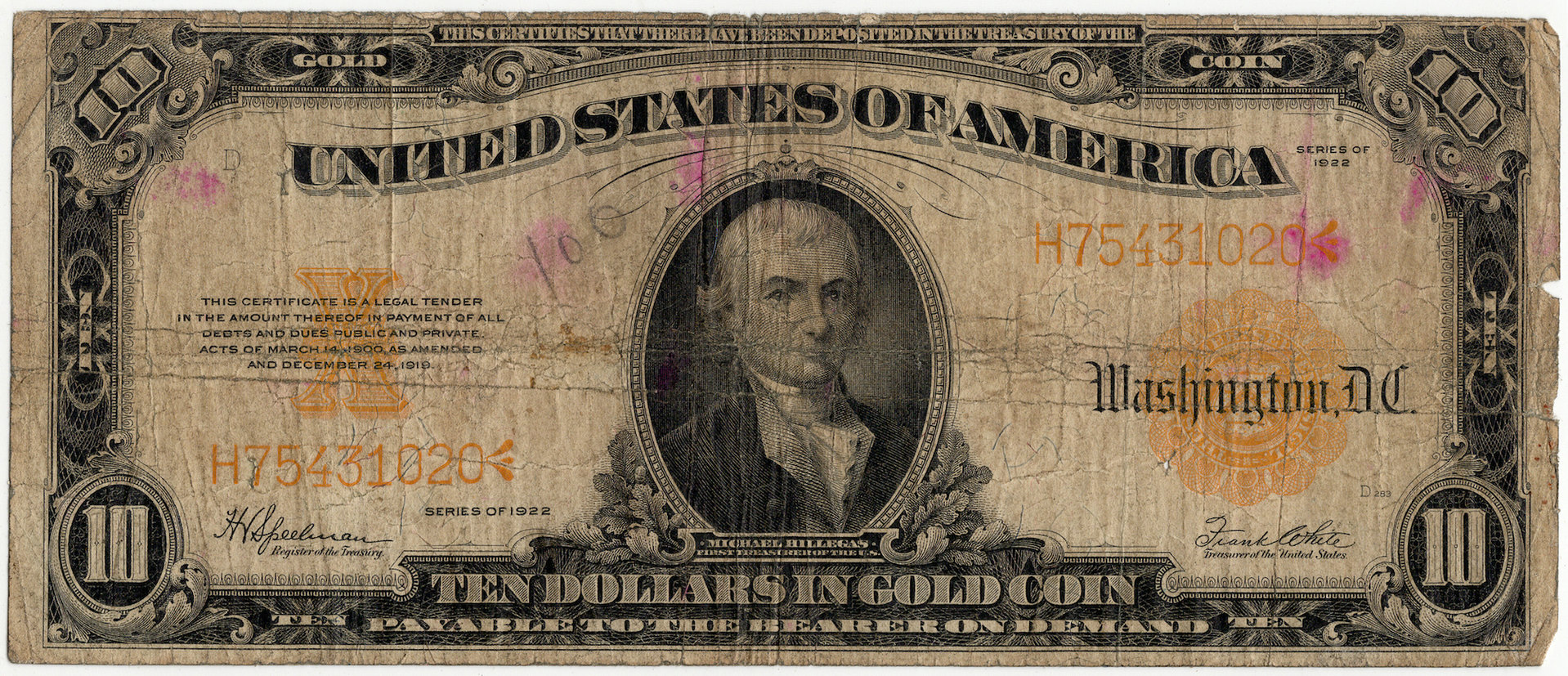 1922 10 Dollar Large Size Gold Certificate H75431020 - Obverse.JPG