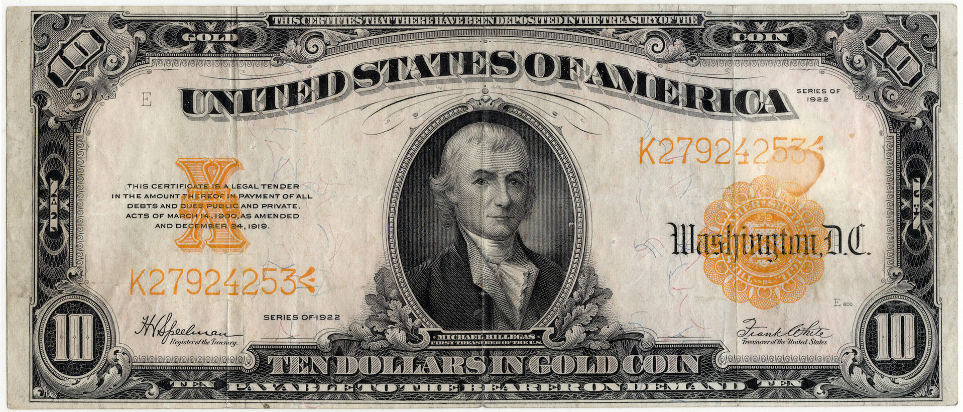 1922 10 Dollar Large Size Gold Certificate K27924253 - Obverse.JPG