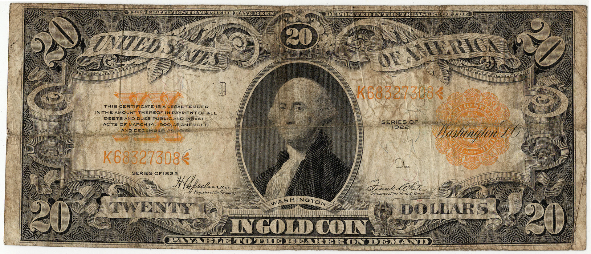 1922 20 Dollar Large Size Gold Certificate K68327308 - Obverse.JPG