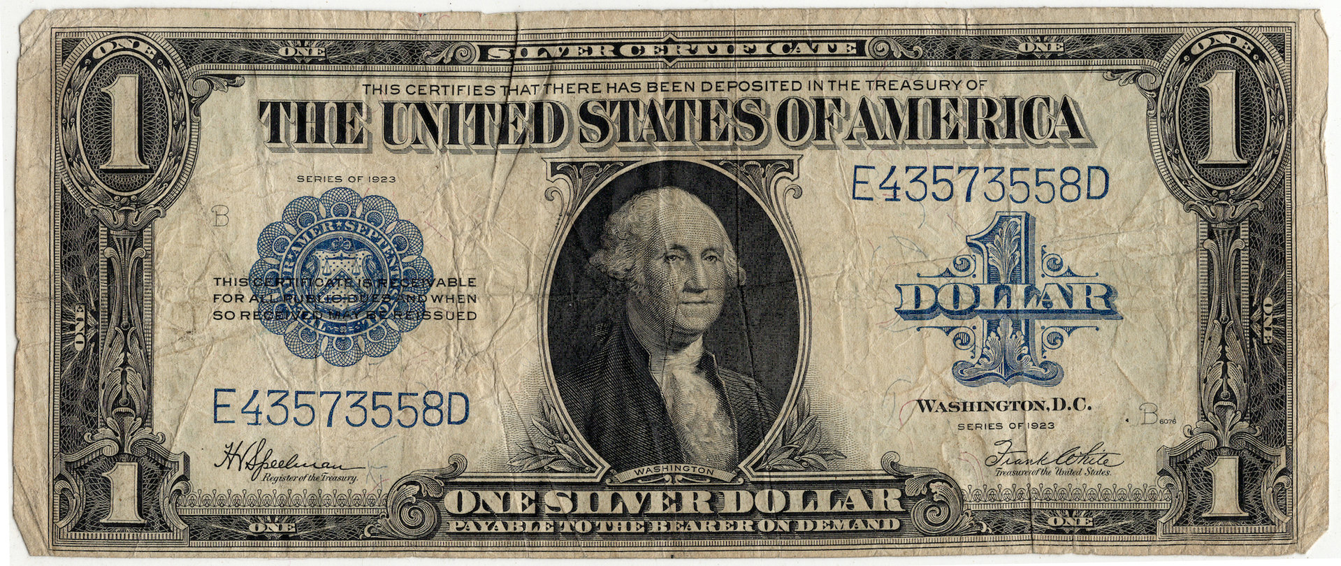 1923 1 Dollar Large Size Silver Certificate E43573558D - Obverse.JPG