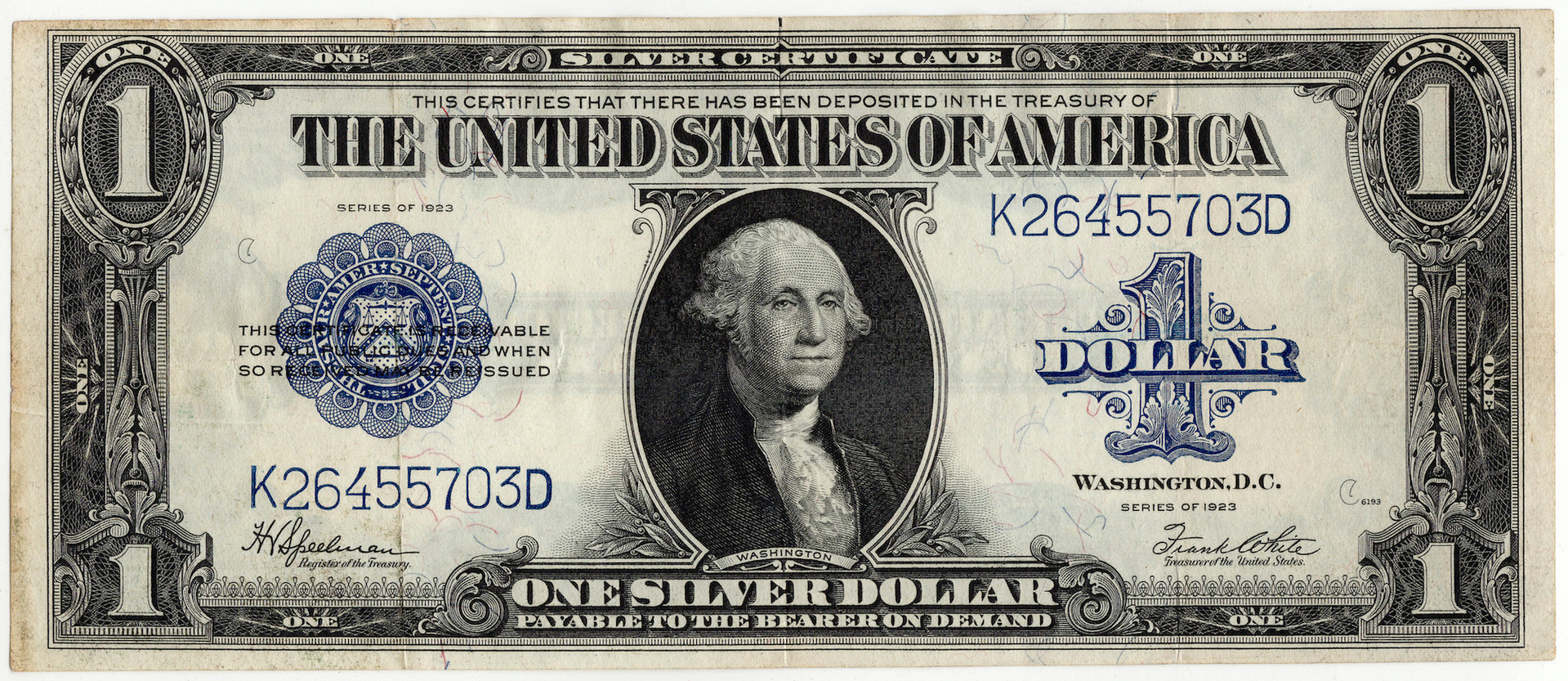 1923 1 Dollar Large Size Silver Certificate K26455703D - Obverse.JPG