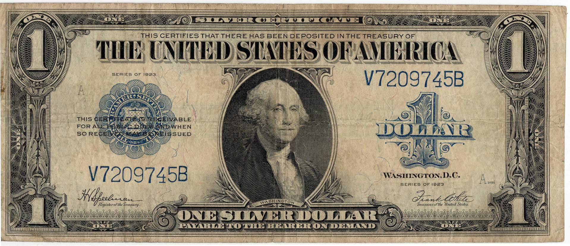 1923 1 Dollar Large Size Silver Certificate V7209745B - Obverse.JPG
