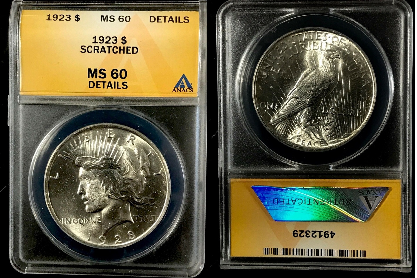 1923  Peace Silver Dollar - ANACS Ms-60 Detals Graded Scratched  $32.95 + 000  .jpg