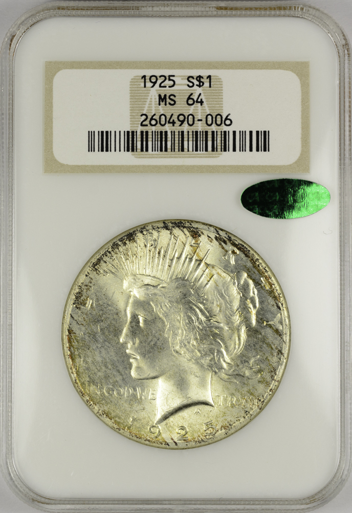 1925 SILVER DOLLAR - PEACE LIBERTY HEAD NGC MS 64, CAC green! $1 Obv Slab.jpg