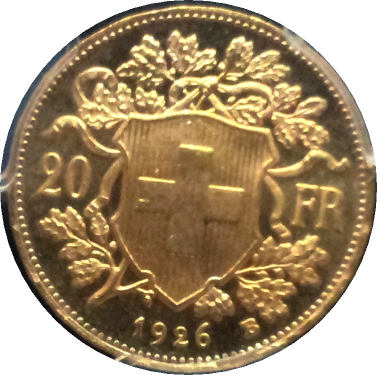 1926 B Switzerland Twenty Franc MS64 Rev.JPG