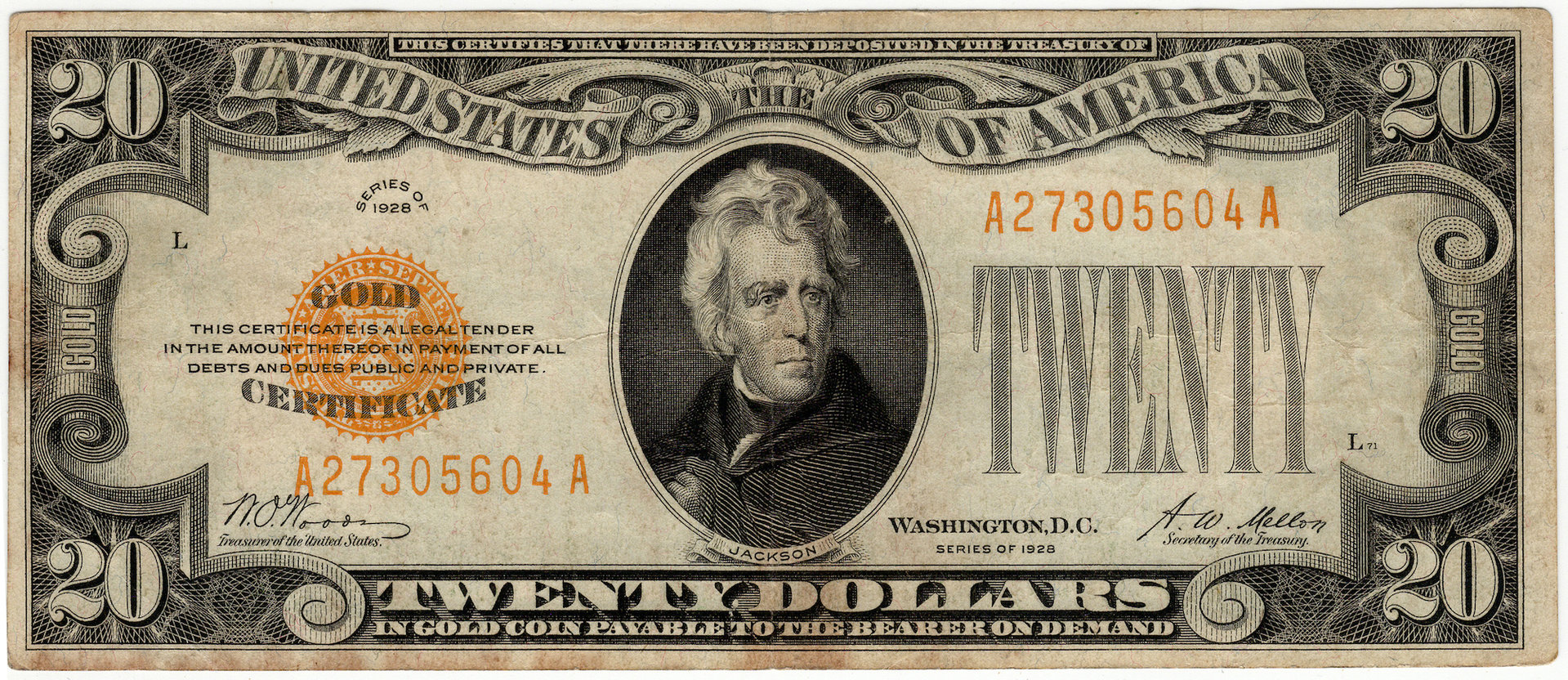 1928 20 Dollar Small Size Gold Certificate A27305604A - Obverse.JPG