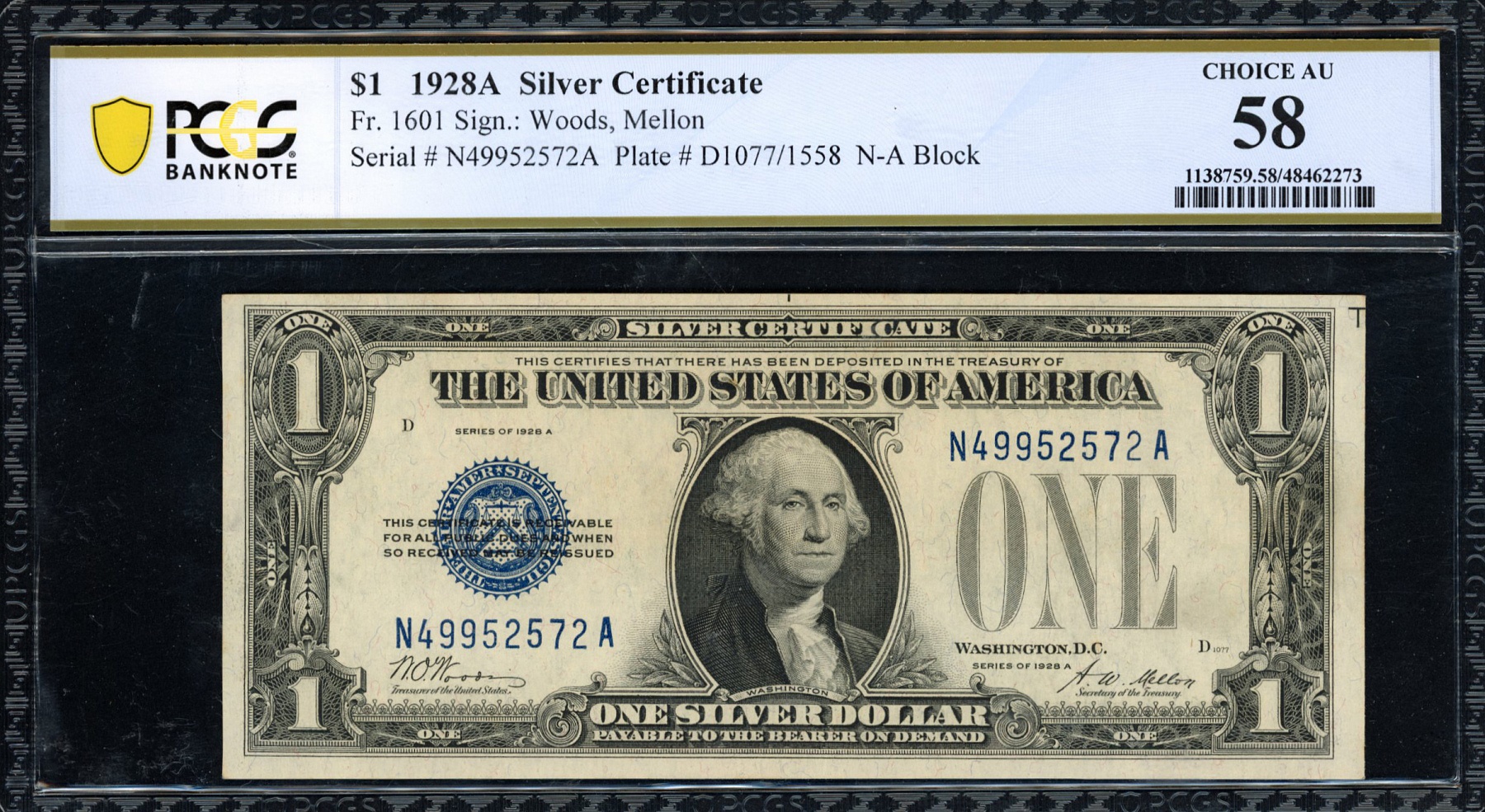 1928A  Silver Certificate Note Woods  Mellon PCGS Banknote Choice AU 58 1.jpg