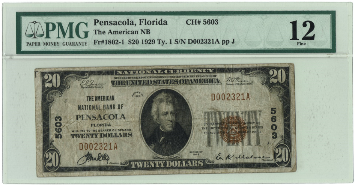 1929 $20 National Bank Note Pensacola Florida.PNG