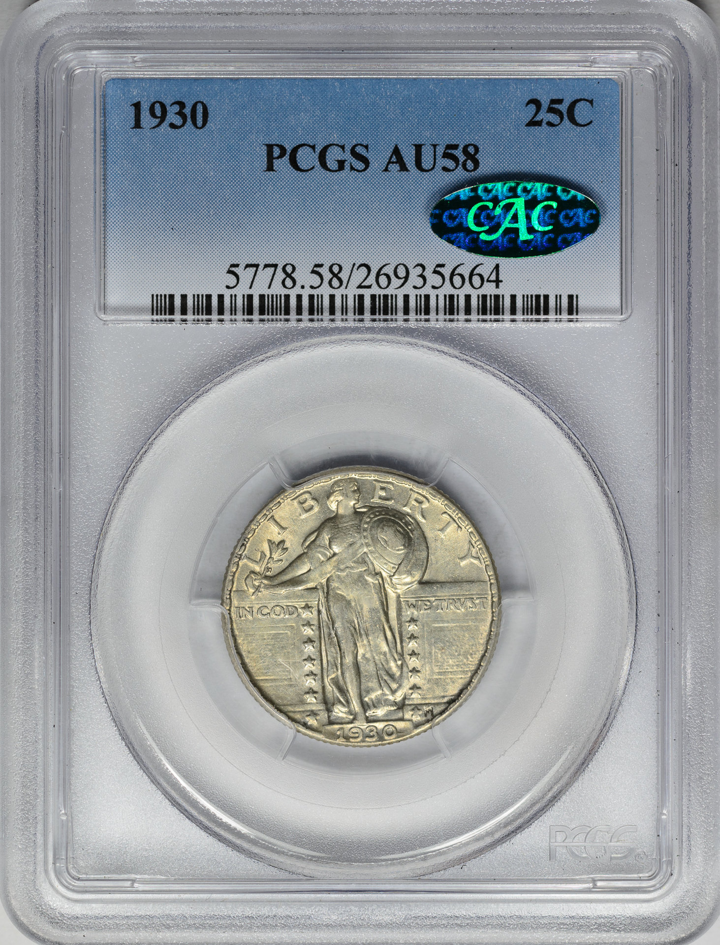 1930 25C QUARTER DOLLAR - STANDING LIBERTY, TYPE 2 PCGS AU58 26935664 CAC Obv Slab.jpg