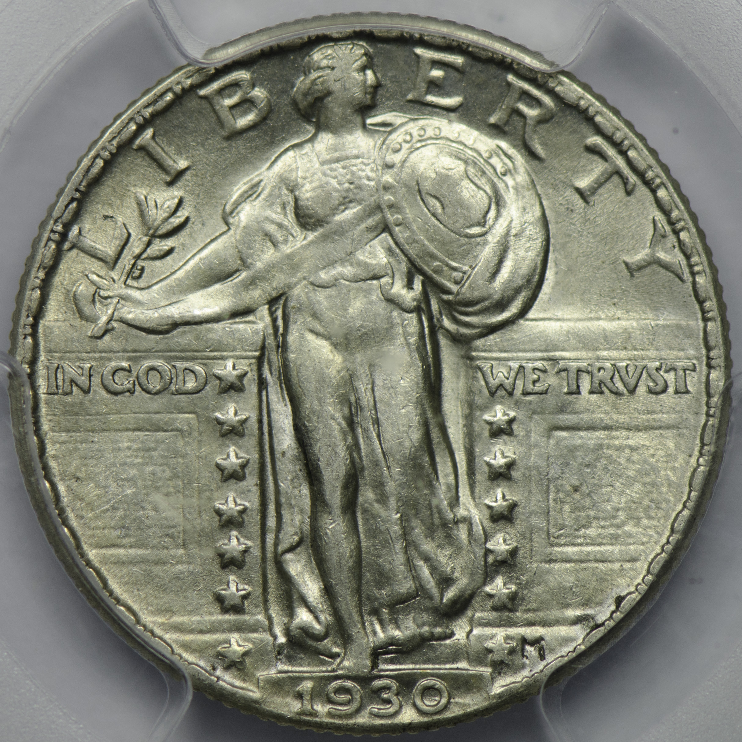 1930 QUARTER DOLLAR - STANDING LIBERTY, TYPE 2 PCGS MS 58, CAC Obv closeup f5.6 105mm-720.jpg
